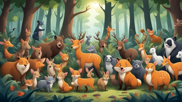 Photo 3d cartoon style wild animal illustration in forest with green nature