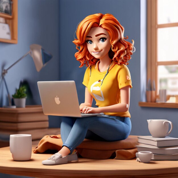 Photo 3d cartoon style women work on laptop