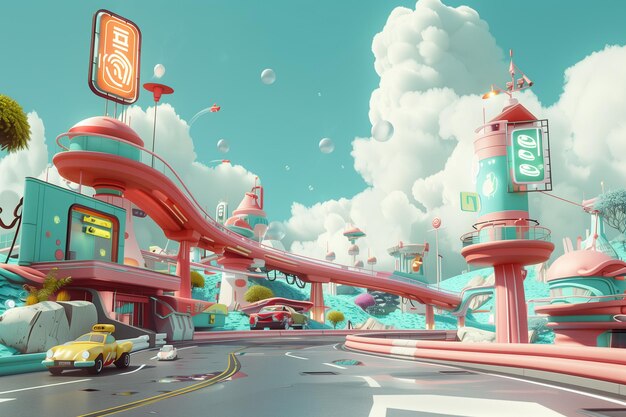 Photo 3d cartoon surreal city street with colorful cars against a clear blue sky urban street intersection