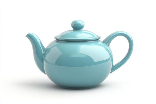 A 3D cartoon teapot isolated on a white background It is a bright blue color and has a classic