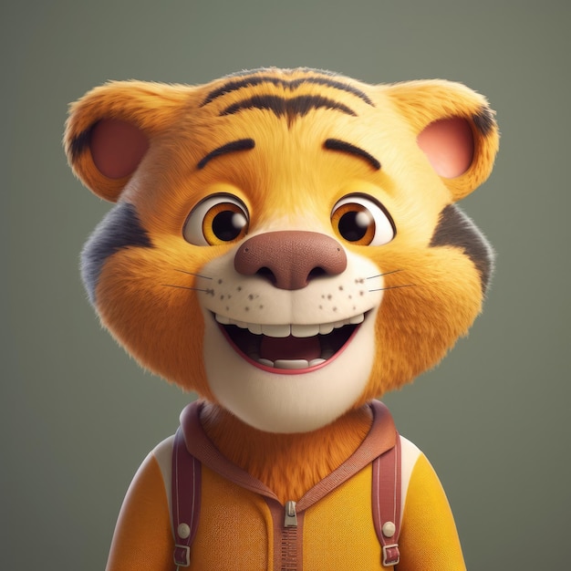 3D cartoon Tiger portrait wearing clothes glasses hat and jacket standing in front