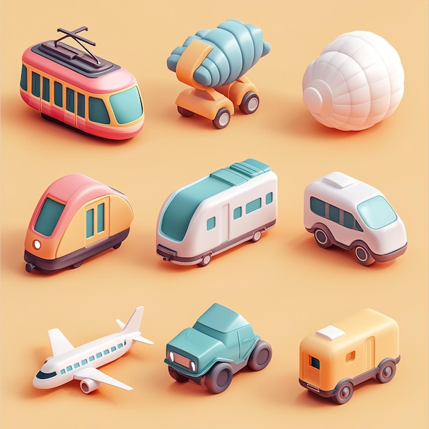 Photo 3d cartoon transport icons set vehicles airplane and bus