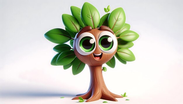 Photo 3d cartoon tree with expressive eyes and bright green leaves