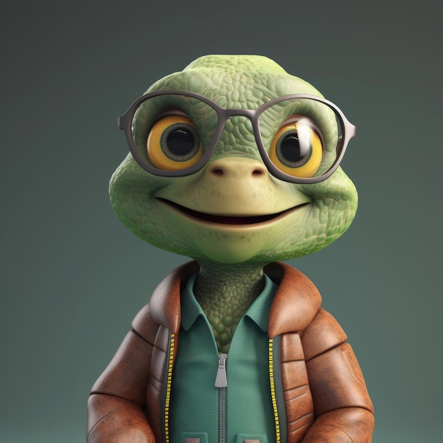 3D cartoon Turtle portrait wearing clothes glasses hat and jacket standing in front