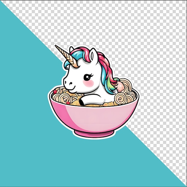 3D cartoon unicorn in a bowl of ramen noodles with a transparent background