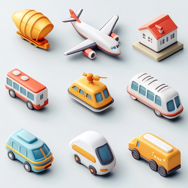 Photo 3d cartoon vehicle icons airplane house bus truck car helicopter