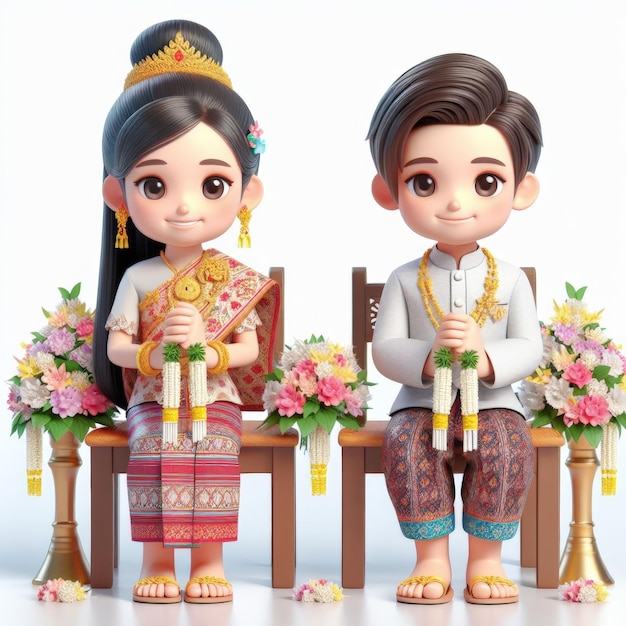 Photo 3d cartoon white background everyone wearing lao traditional clothes with floral patterns grandpa