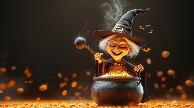 Photo a 3d cartoon witch stirring a bubbling cauldron halloween