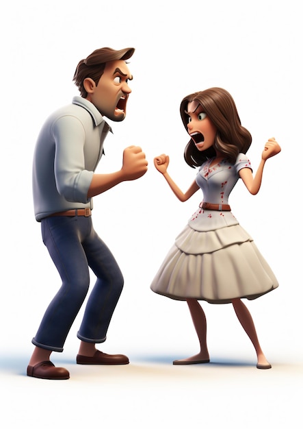 3D cartoon woman being angry at a man isolated on a white background