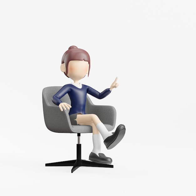 3d cartoon woman sitting in chair with laptop illustration isolated on white background