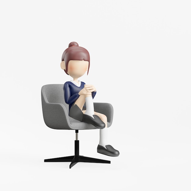 3d cartoon woman sitting in chair with laptop illustration isolated on white background