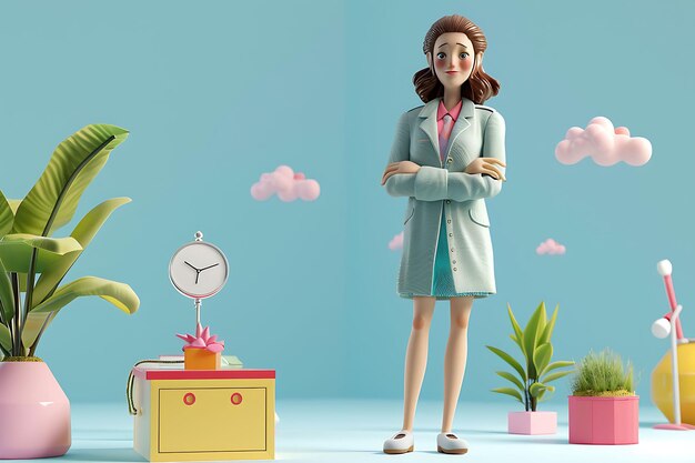 Photo 3d cartoon woman standing with a confident pose in a bright room