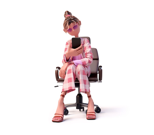 3D cartoon young woman sits in an armchair and carefully reads the news on her phone Front view