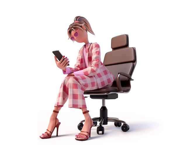 3D cartoon young woman sits in an armchair and carefully reads the news on her phone Right view