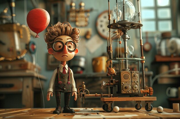 a 3D cartoonish inventor beside a wildly complex Rube Goldberg machine designed for a simple but hil