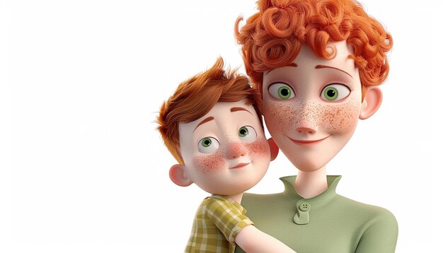 3d cartoonized mom holding young son with red hair green eyes and tan skin