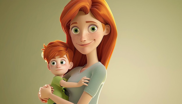 3d cartoonized mom holding young son with red hair green eyes and tan skin