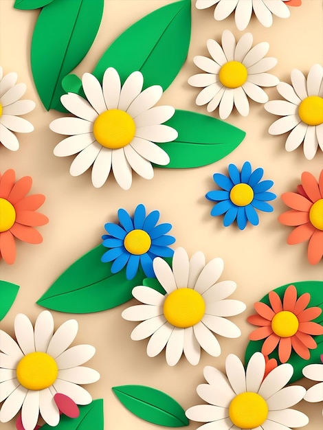 3D cartoonstyle colorful daisies with green leaves on a beige background