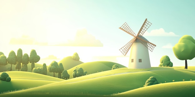 Photo a 3d cartoonstyle windmill landscape with rolling green hills a few scattered trees and a bright