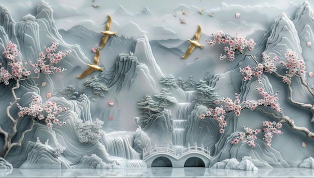 3D Carving of a Serene Landscape with Cherry Blossoms