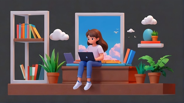 3D Casual brunette girl working on laptop sitting on window