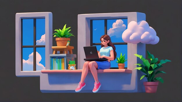 3D Casual brunette girl working on laptop sitting on window