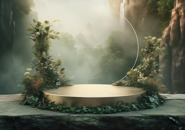 3D Ceramic Round Podium Stage product display With Nature scenery landscape Background AI Generative