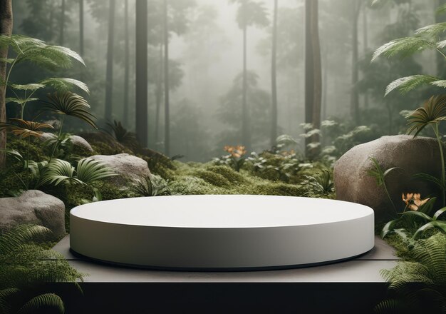 3D Ceramic Round Podium Stage product display With Nature scenery landscape Background AI Generative