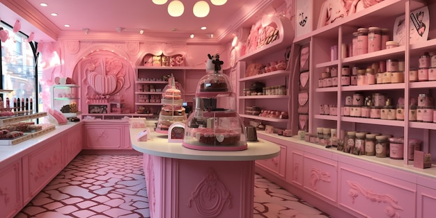 3D CG rendering of sweets shop with pastel pink color