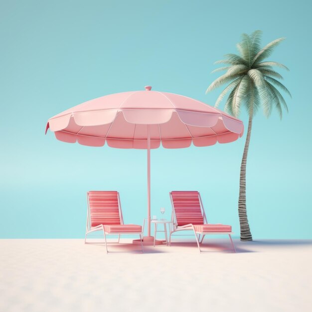 3D chaise lounge and beach umbrella in pastel colors