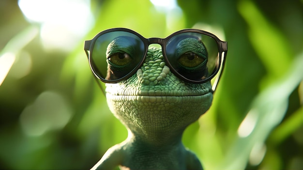 Photo a 3d chameleon sporting stylish sunglasses against a vibrant green backdrop