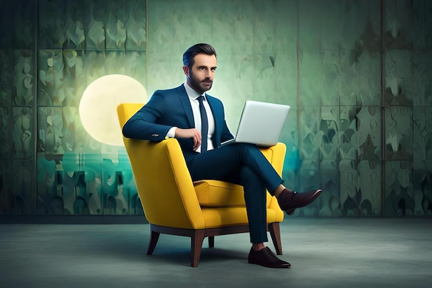 3d character businessman sitting in a chair with laptop with business concept