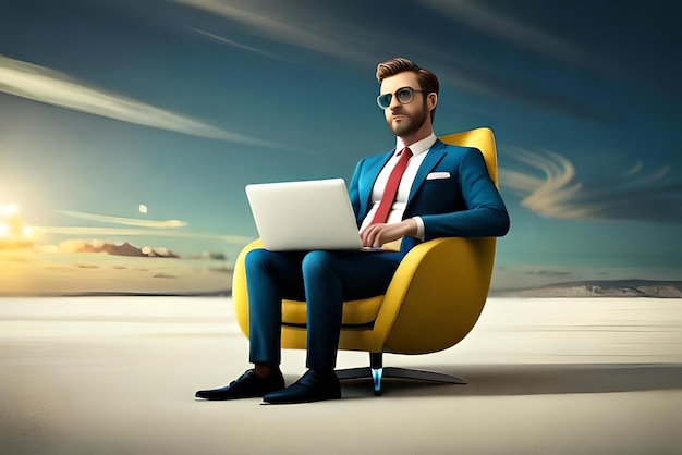 3d character businessman sitting in a chair with laptop with business concept