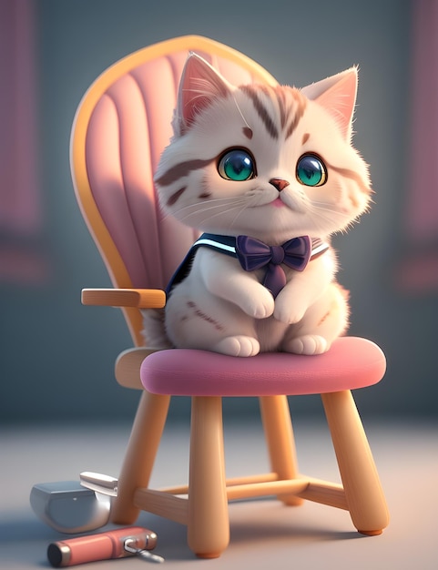 3D character of cute cat wear school uniform siton chair