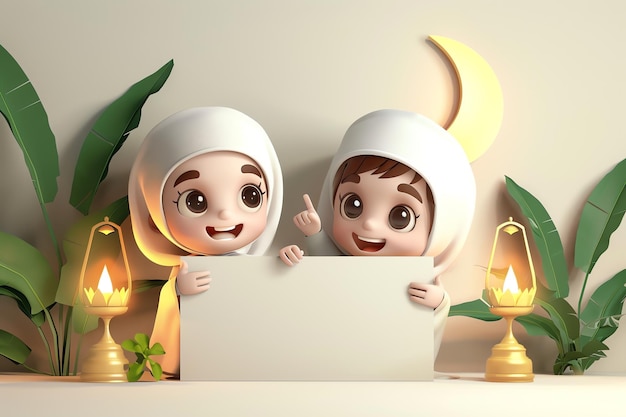 3d character design of two cute children holding a white board decorated with lanterns and the moon