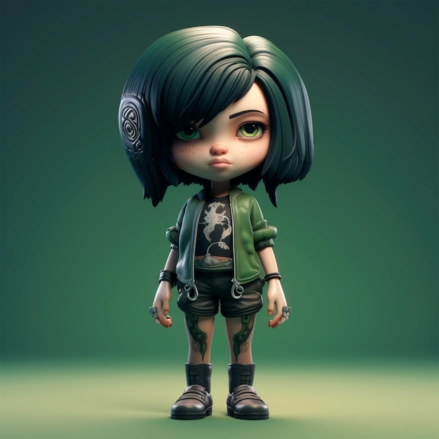 3D character girl with dark green hair and tattoo