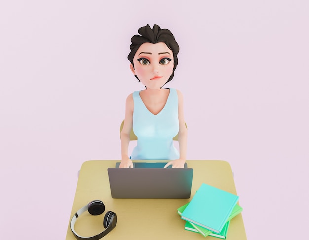 3d character of a girl with a tired face using a laptop