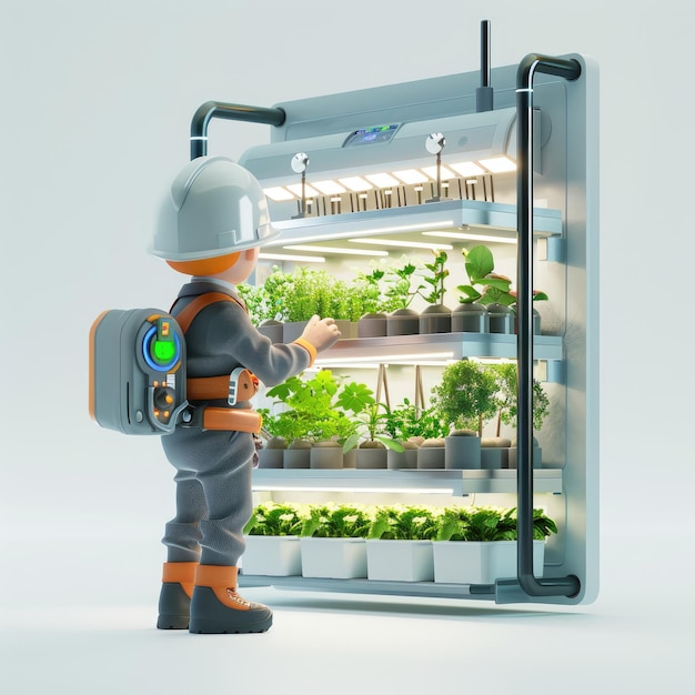 3D Character At A Hydroponic Farm Looking After Plants And Managing Automated Irrigation Systems