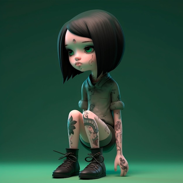 3D character little girl with green color suit and tattoo