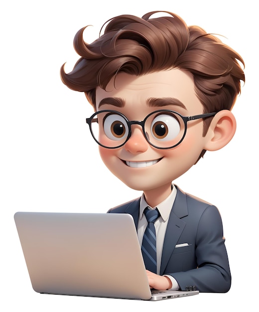 3D character of male office worker looking at laptop