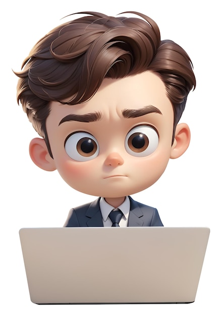 3D character of male office worker looking at laptop