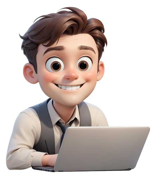 3D character of male office worker looking at laptop