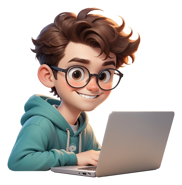 3D character of male student looking at laptop