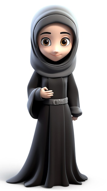 A 3d character of muslim girl with a black robe and a white background