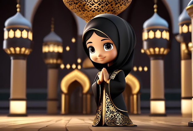 3d character muslim hijab girl cute smile at mosque