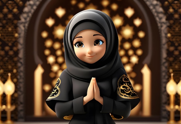 3d character muslim hijab girl cute smile at mosque