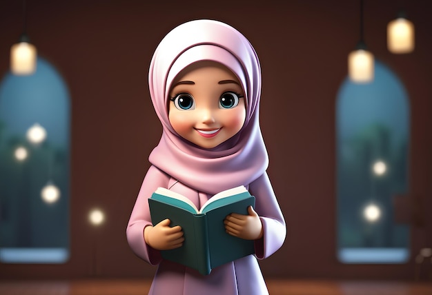 3D Character muslim hijab girl cute smile read book