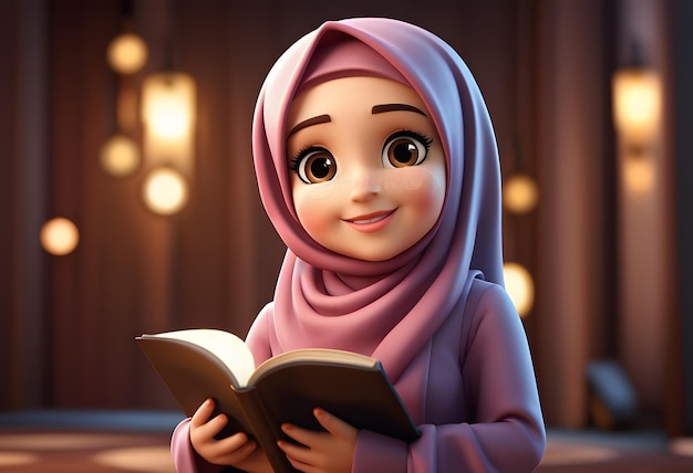 3D Character muslim hijab girl cute smile read book