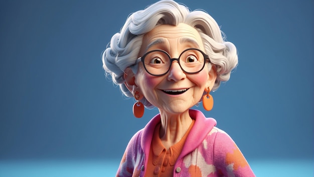 3d character of old woman smile at the camera