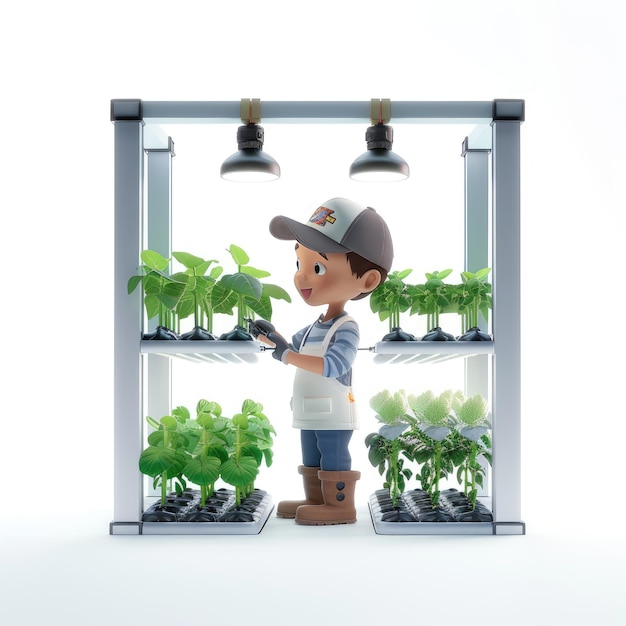 3D Character Overseeing A Hydroponic Garden Ensuring Proper Plant Care And Watering Automation